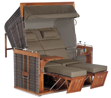 Gartenstrandkorb Präsident Teak Liegemodell, 2-Sitzer-XL, Teak PE-Kunststoff-Rundgeflecht Cappuccinooptik Stoff-Dessin Zora-Bajo